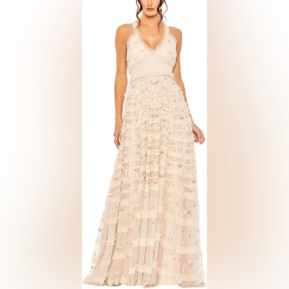 Mac Duggal Silver Halter Sleeveless Gown